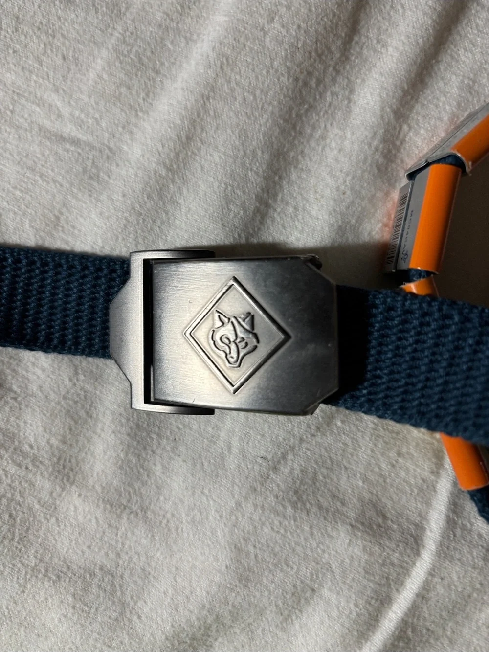 Navy Boy Scouts Blue Webbing Belt with Tile Badges.